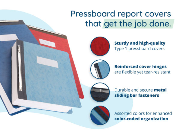 Pressboard report covers features with detail images