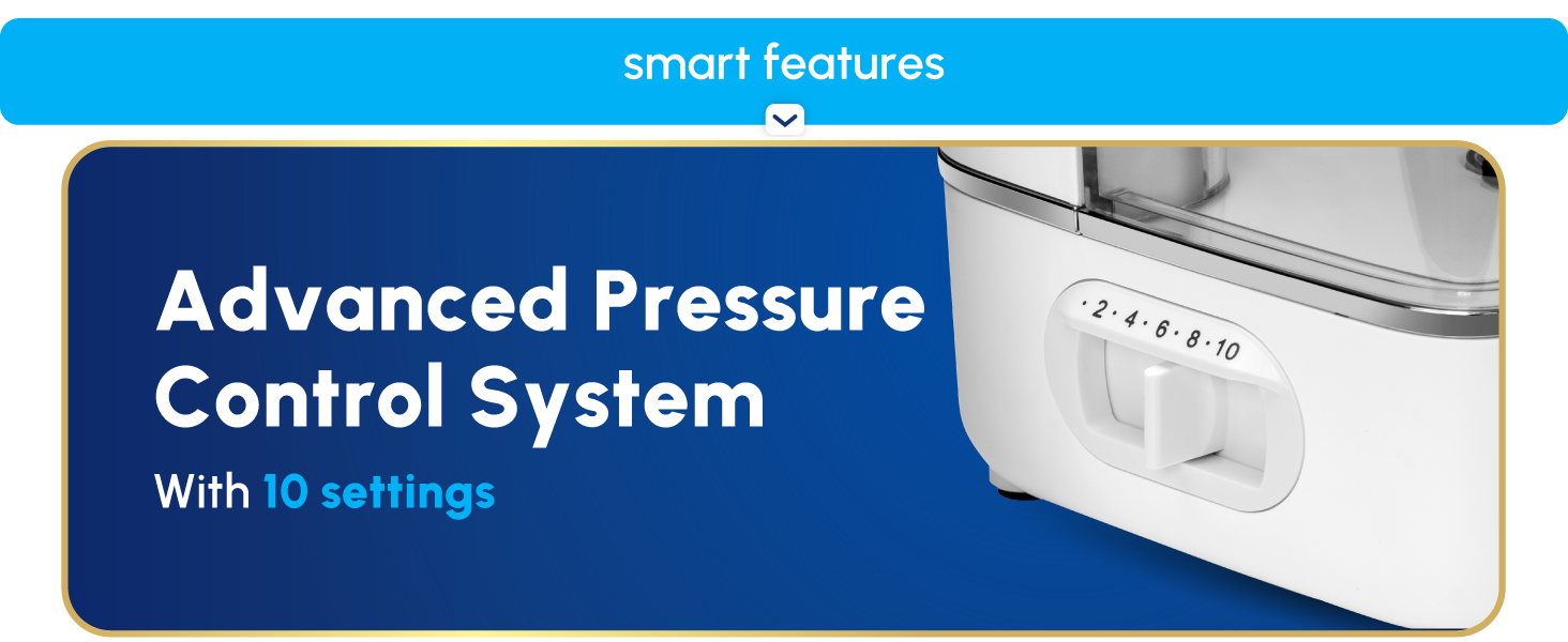 Image of Waterpik floss machine settings dial with text reading advanced pressure control system.