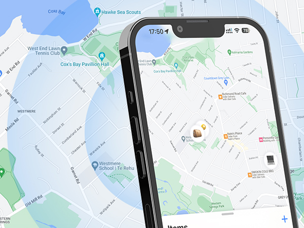 Smartphone displaying a navigation map interface with location markers and street layout visible against a larger map background.