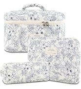 AMZMA Makeup Bag, 3 PCS Quilted Makeup Bag, Cute Floral Cotton Cosmetic Bag set, Coquette Makeup ...