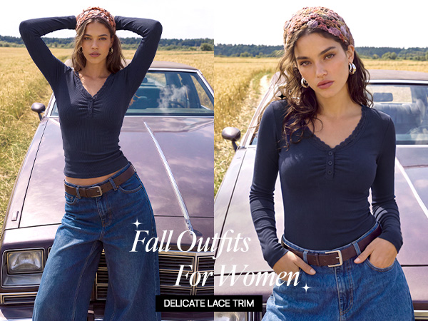 Women's Lace Trim V Neck Cute Tops