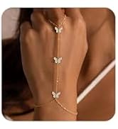 Gold Hand Chain Bracelets for Women Trendy,Dainty Clover Pearl Charm Ring Bracelet Hand Chain 14K...