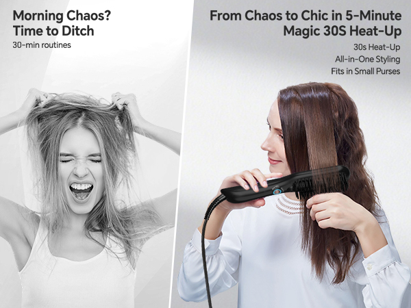 Text reads 'Morning Chaos?' and 'From Chaos to Chic in 5-Minute'. Series of black and white images showing hair styling process with long brunette hair against white background.
