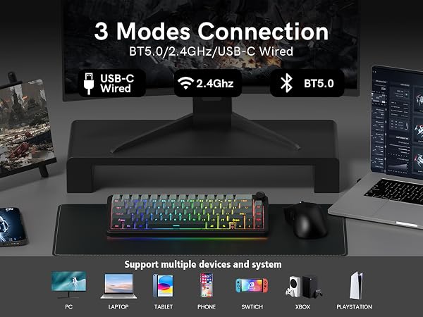 60 Mechanical Keyboard Wireless with Knob, Black Gaming Keyboard,USB-C/BT5/2.4G RGB Hot Swappable