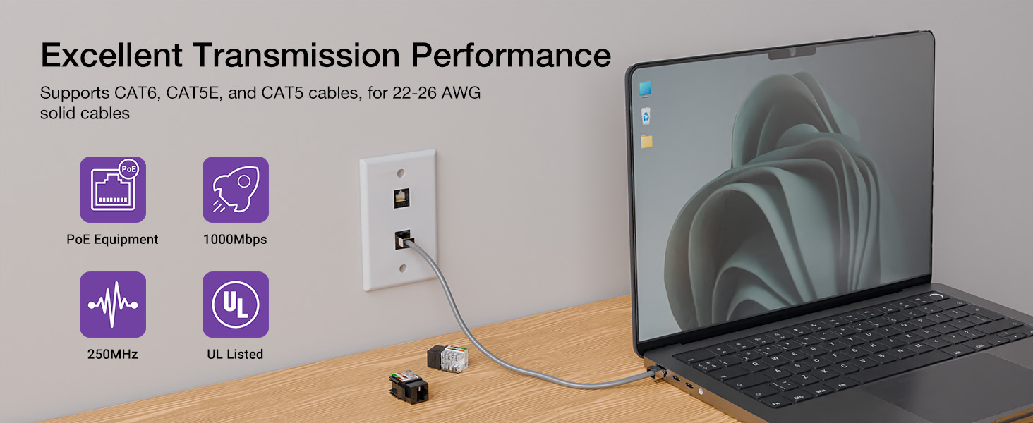 keyston jacks support PoE, cat6 cat5e cat5 cables for 22-26AWG soild cables