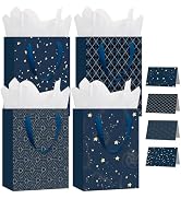 woric 4 Pack 10.6" Navy Blue Gift Bags, Medium Birthday Gift Bag for Men | Reusable Paper Bag, Co...