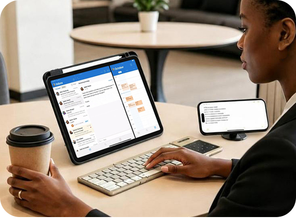 Setting up a mobile workstation at a coffee shop with foldable keyboard and tablet for remote work
