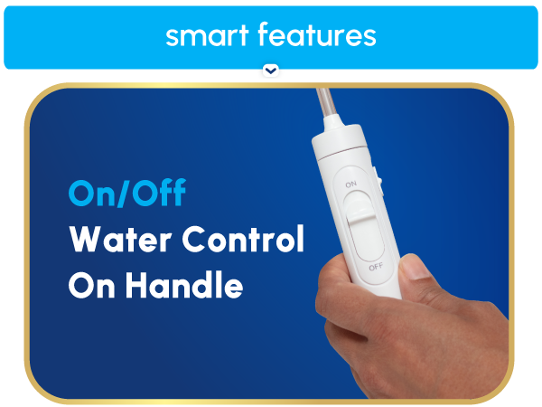Image of Waterpik flosser handle with text reading on off water control on handle.
