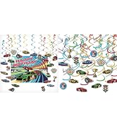 HonuGoGo Race Car Hanging Swirl & Party Decorations Kit 44PCS - Ceiling Streamers with Checkered ...