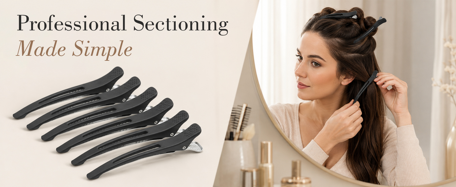 6 pack duckbill hair clips for sectioning, styling, cutting and coloring.