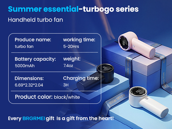 The BRGRMEI Turbo Fan: 5000mAh, 5–20hr run time, lightweight 7.4oz—your summer essential.