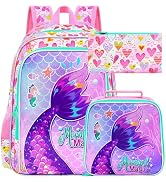 ZLYERT 3Pcs Mermaid Backpack for Girls, 16" Kids Fish Tail Backpacks with Lunch Box, School Bookb...