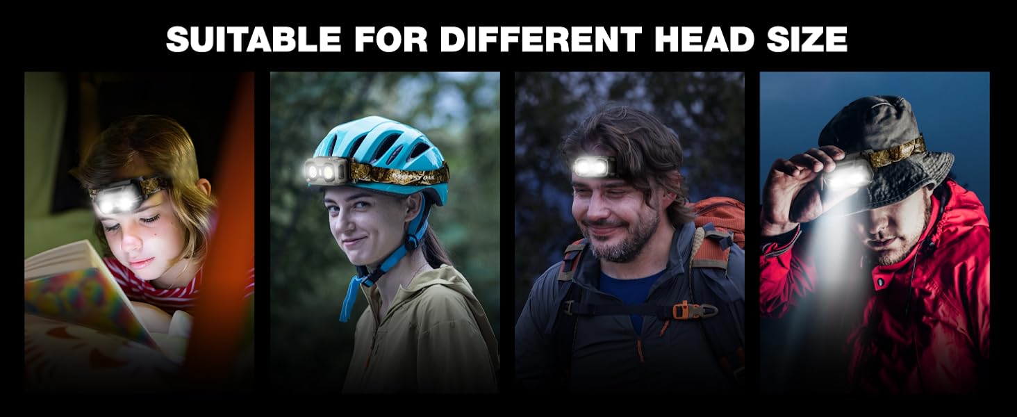 Adjustable headband fits all head sizes and can be worn over helmets