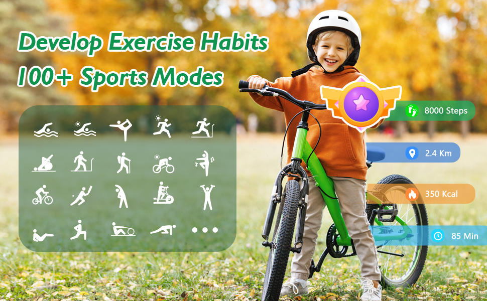 Fitness app interface showing various sport activity icons and exercise modes, with a cycling-related scene in the background.
