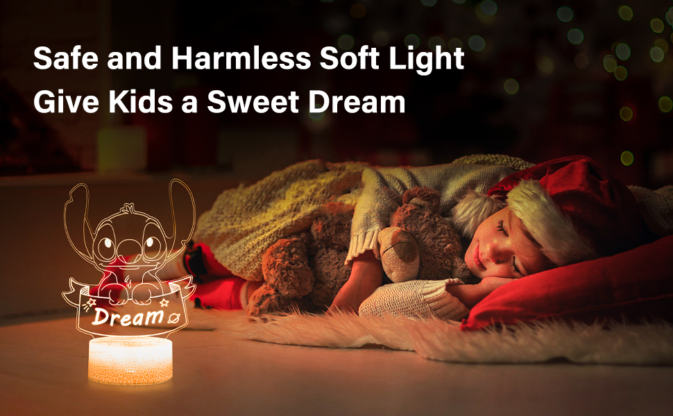 Soft night light with cartoon character design illuminating a sleeping child under a blanket. Text above emphasizes safe, harmless light for kids' dreams.
