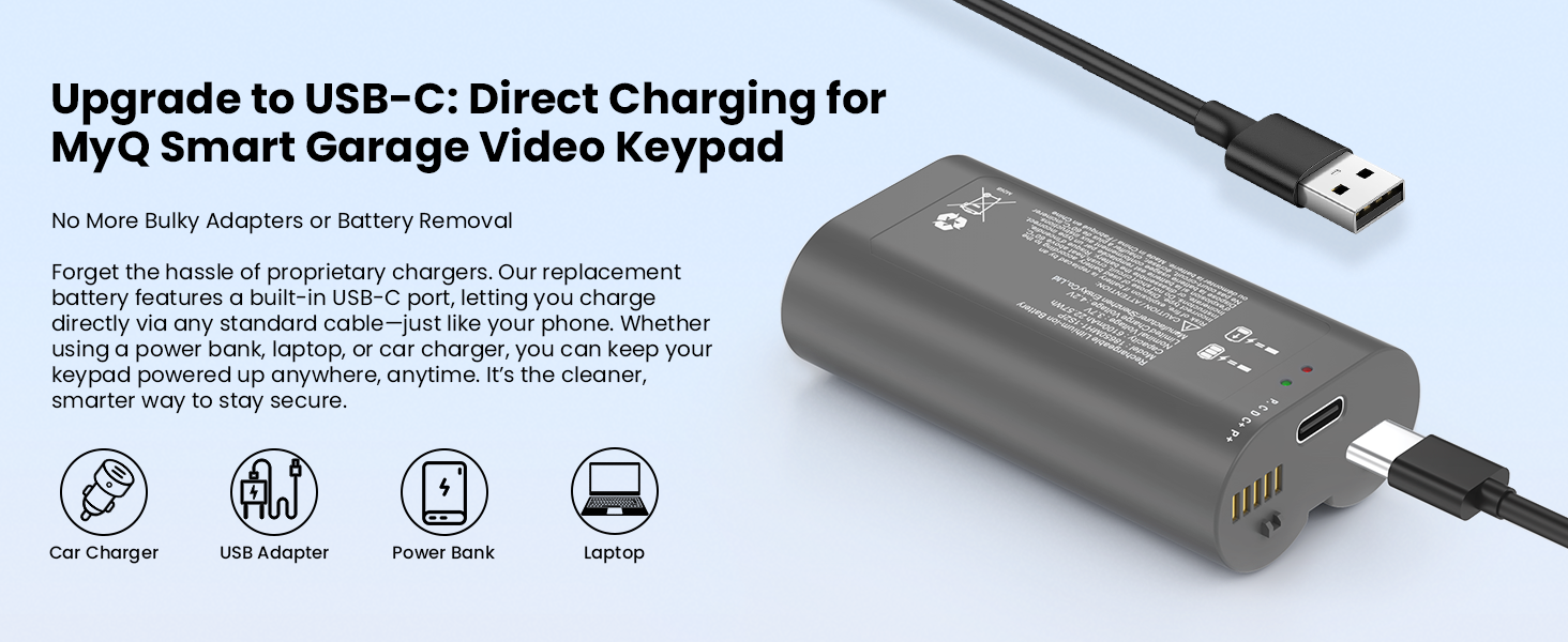 6100mah high capacity replacement battery usb c fast charging port for myq smart garage video keypad