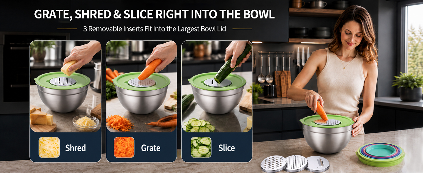 grater inserts; grate; shred; slice; largest bowl lid; kitchen prep; Xyingshine picture part of AI