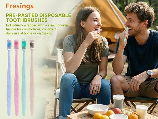 Travel-ready pre-pasted disposable toothbrushes, individually wrapped, slim non-slip handle