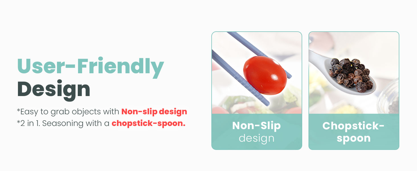 Non-slip design, 2 in 1 chopstick and spoon