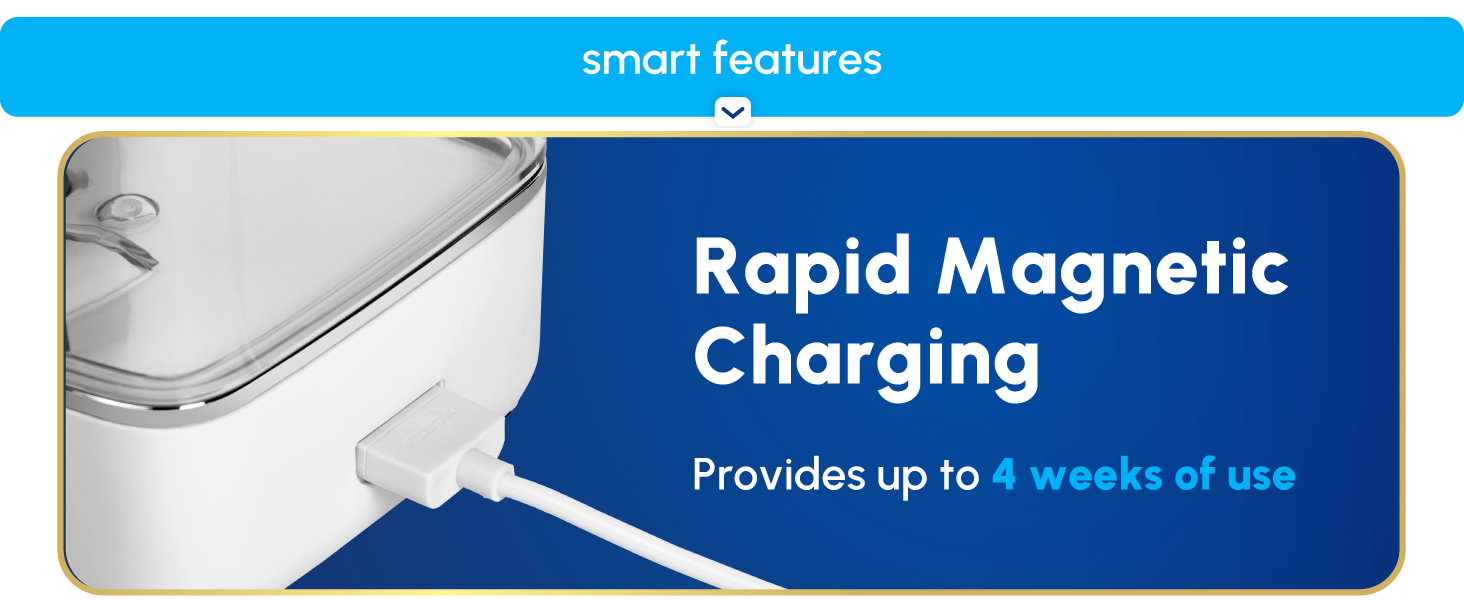 Image of Waterpik charging cable and text reading rapid magnetic charging provides up to 4 weeks use