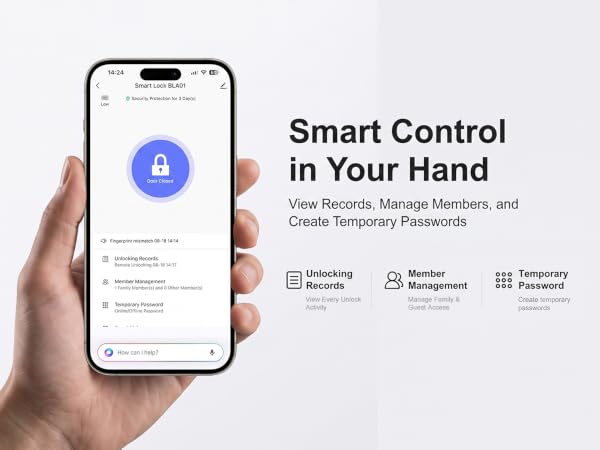 View unlocking records, manage members, and create temporary passwords from your phone.