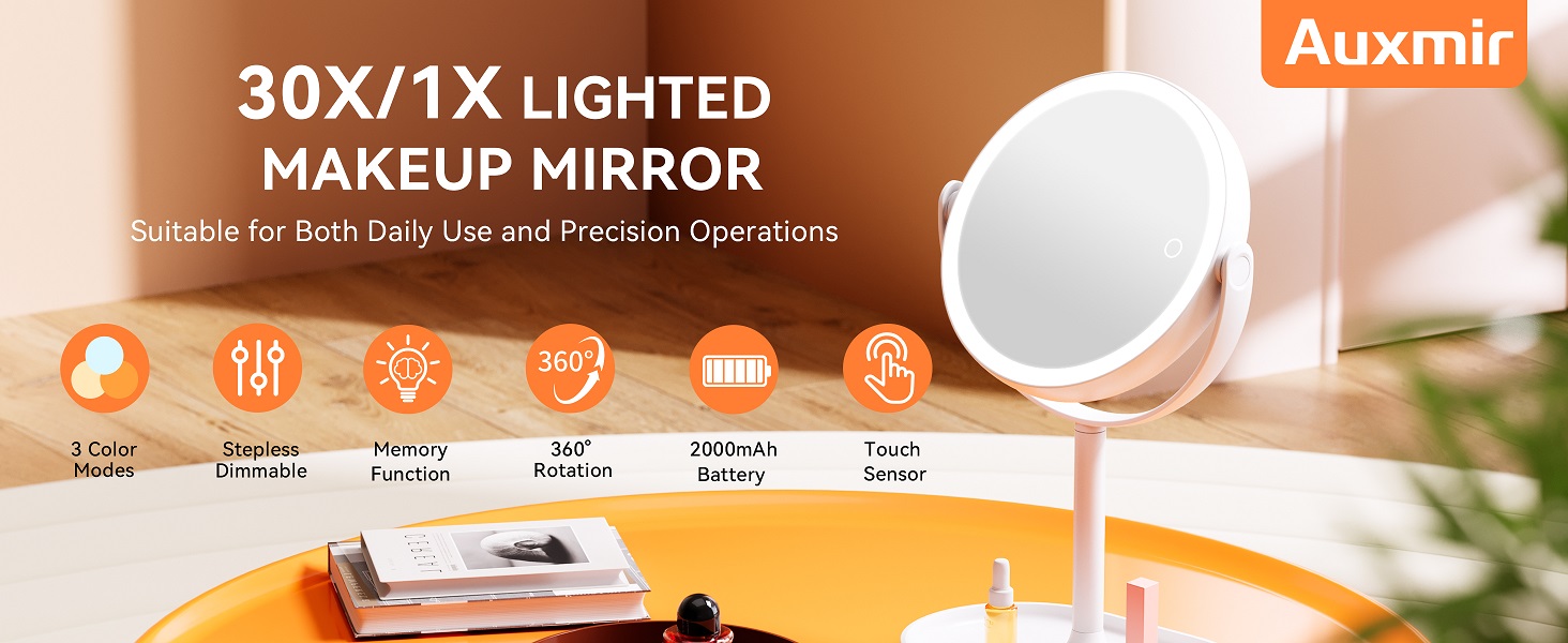 Auxmir 30X/1X lighted makeup mirror with 3 color, stepless dimmable, touch sensor, 2000mAh battery