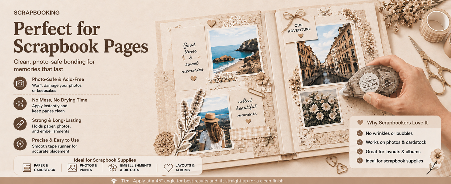 Scrapbooking tape securing photos, cardstock, die cuts and scrapbook materials on an album page