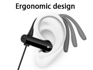 Ergonomic ear device diagram showing curved hook design with black attachment piece, labeled as 'Ergonomic design'.