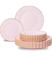 Lullaby 60PCS Pink Scalloped Plastic Plates with Gold Rim, Disposable Elegant Plates Include 30pc...