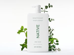 Native bodywash shown in harmony with eucalyptus & mint nature