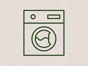 Green outlined washing machine icon with circular drum featuring paw print symbol, control dial, and top-loading design on beige background.