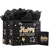 Powbrace Black Happy Birthday Gift Bag with Tissue Paper and Greeting Card for Birthday,Party,Hap...