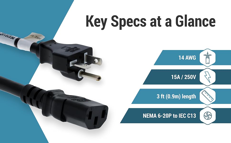 Black 3 ft power cord with NEMA 6-20P plug, IEC C13 connector, and key specifications.