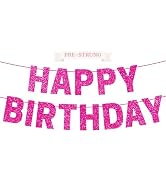 Pre-strung Happy Birthday Banner - No DIY - Hot Pink Glitter Happy Birthday Party Banner for Girl...