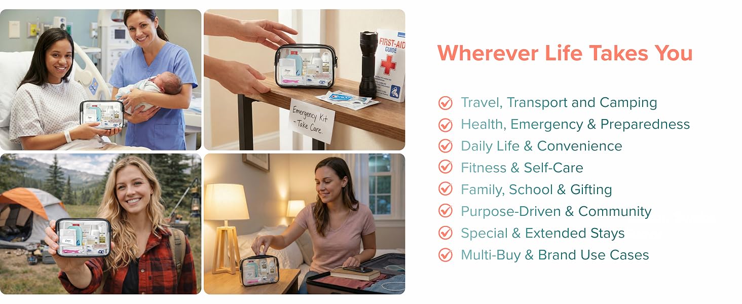 Travel toiletry kit shown in different environments including indoor, outdoor, and travel scenes.
