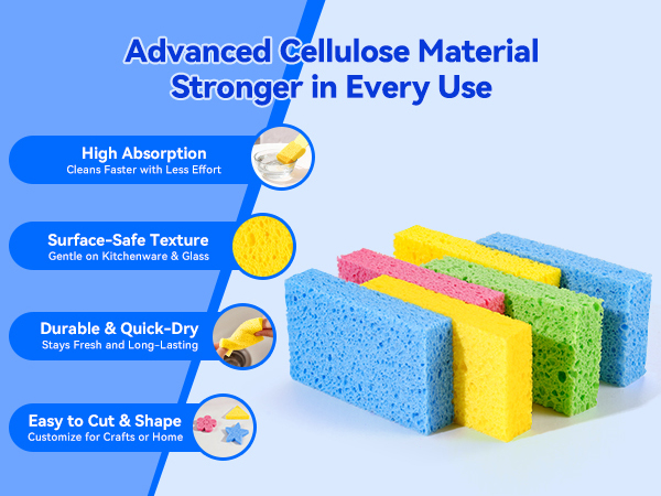 Cellulose sponges in different colors, showing porous texture for absorption and daily cleaning use