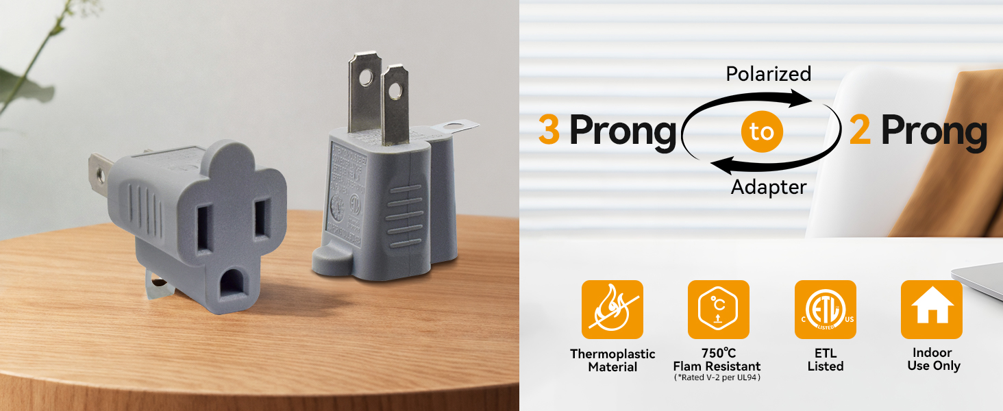 Prong Converter, Polarized Grounding Plug Adapter for Home Office Travel