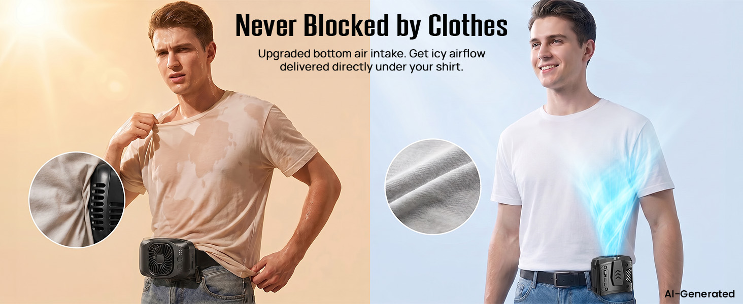 Bottom-intake rechargeable waist fan avoids shirt blockage unlike side-intake wearable fans