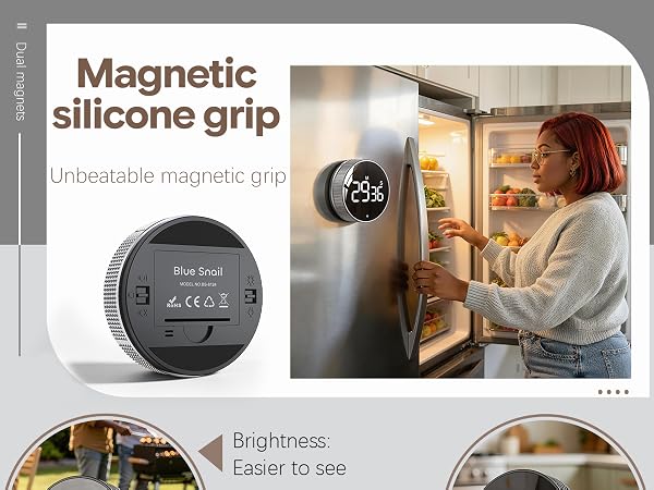 Text reads 'Magnetic silicone grip' and 'Brightness easier to see.' Product shown: gray circular device with magnetic grip mounting system, displayed on refrigerator and car dashboard.