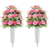 U'Artlines 2Pcs Artificial Cemetery Flowers with Vase for Grave, Silk Memorial Day Rose Flowers B...