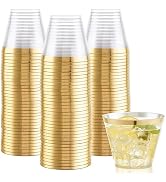 Hioasis 200Pcs 9OZ Clear Cups - Plastic Disposable Cups with Gold Trim, Heavy Duty & BPA-free for...