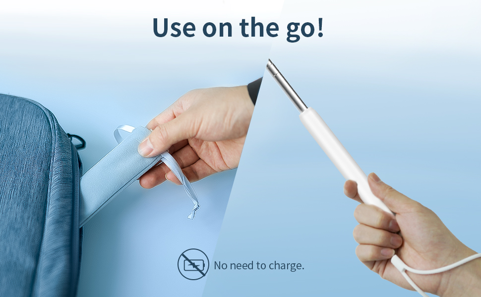 Use on the go with laynard and drawstring bag. no need to charger.