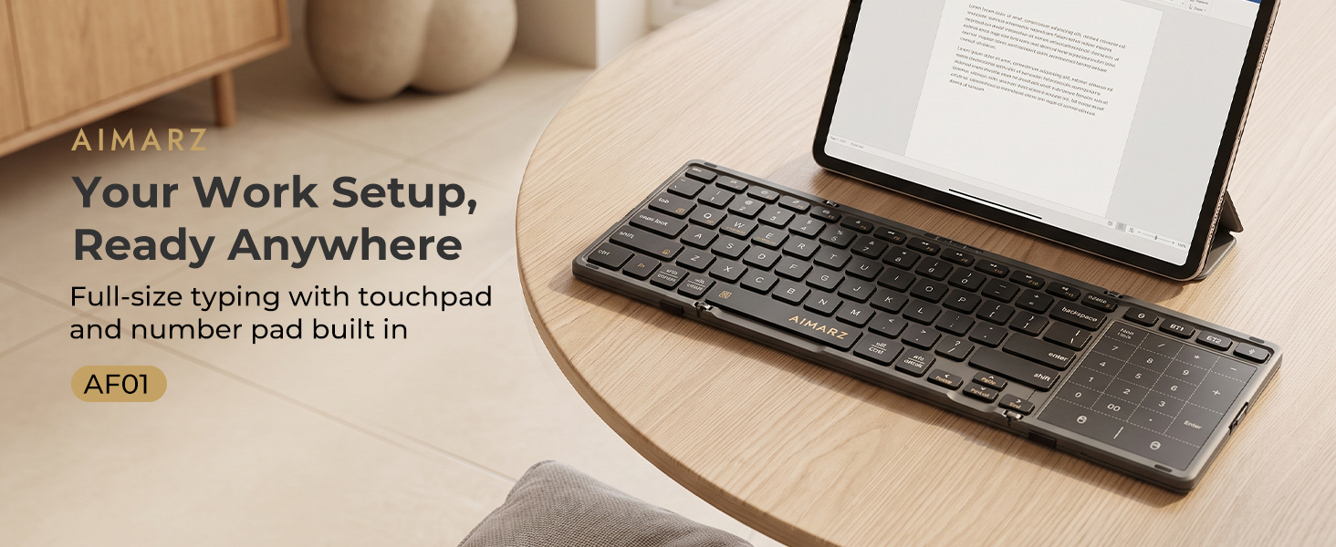 Aimarz AF01 foldable keyboard with touchpad and tablet on a ready-to-work desk.