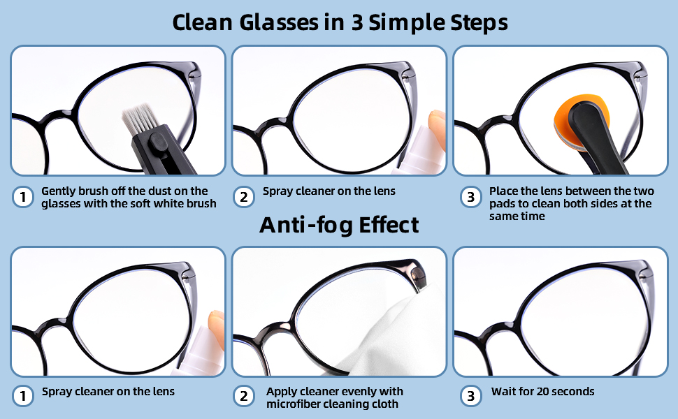 Infographic showing 3-step process to clean glasses with anti-fog effect. Steps include brushing, spraying cleaner, and wiping with microfiber cloth.