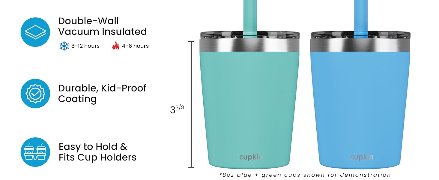double wall vacuum insulated durable kid proof coating easy to hold and fits cup holders
