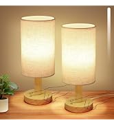 Small Cordless Touch Table Lamps Set of 2 with Stepless Dimming, Natural Wood Base & Linen Fabric...
