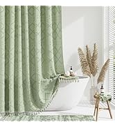 Dynamene sage Green Fabric Shower Curtain, Boho Tufted Geometric Striped Tassel Shower Curtain fo...
