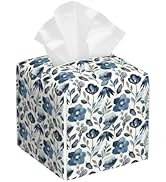 Watercolor Blue Floral Tissue Box Cover Square,Blue Flowers and Leaves Tissue Box Holder Waterpro...