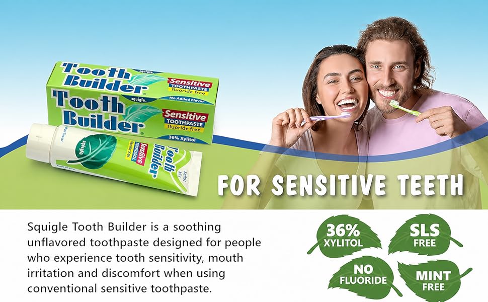 Squigle Tooth Builder toothpaste with smiling couple and sensitive teeth benefits.
