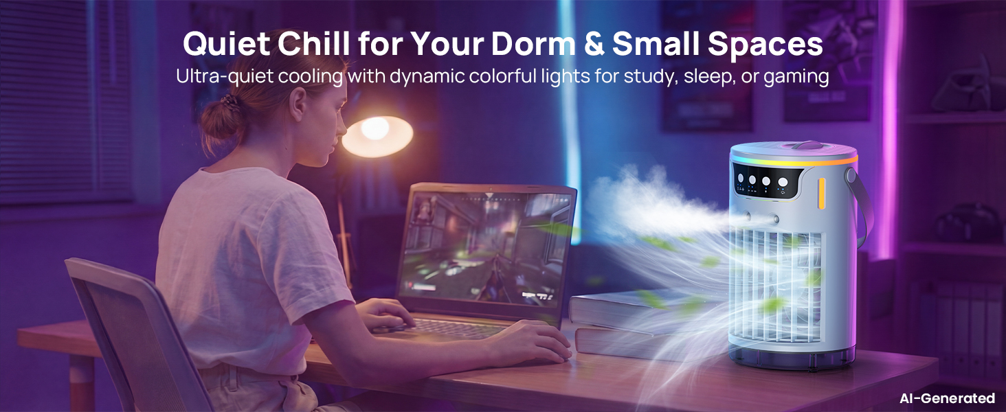 Quiet mini portable air conditioner for dorms and small spaces with colorful lights for study sleep